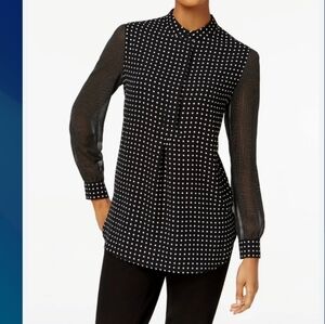 Anne Klein (Size L) Black & White Polka Dot Half Button LS Blouse (NEW-NWT)